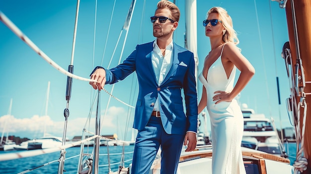 Foto un uomo bello in abito blu e occhiali da sole si trova sul ponte di una barca a vela con una donna