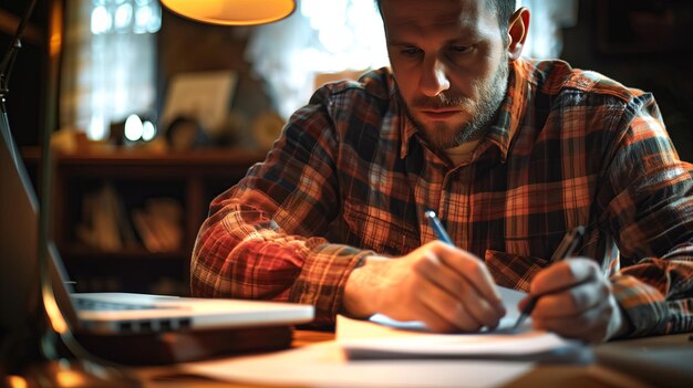 Handsome man in checkered shirt making notes in notebook at home