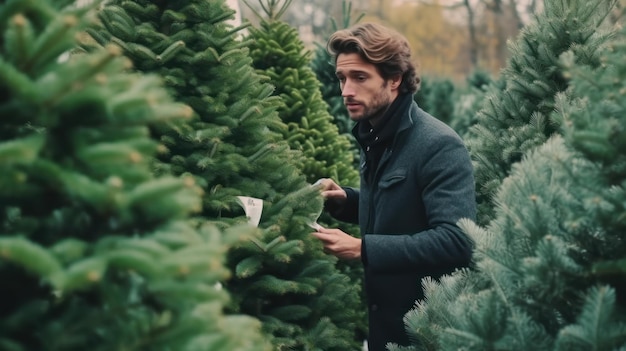 Handsome man choosing a christmas tree