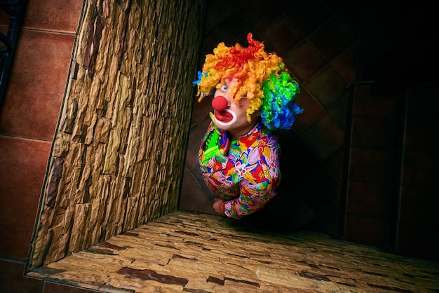 Bell'uomo in un costume da clown alza gli occhi