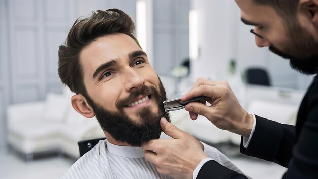 Handsome man cutting beard at a barber salon