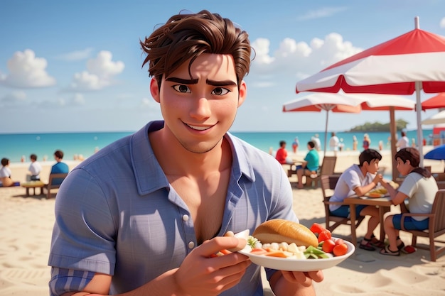 Красивый мужчина ест еду на пляже, привлекательное телосложение, ясное лицо, ясные острые глаза