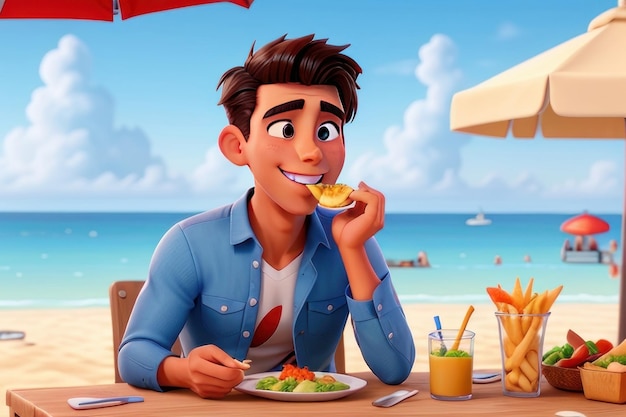 handsome man eating food at beach attractive physique clear face clear sharp eyes