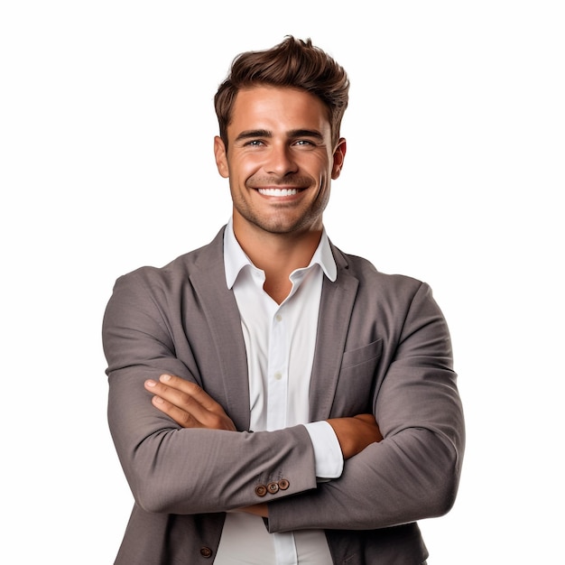 Handsome man in elegant suit on white background