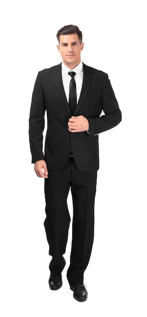 Handsome man in elegant suit on white background