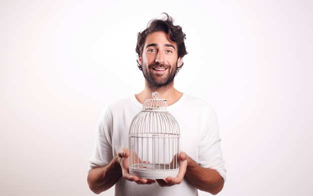 A Handsome Man Elevating a Birdcage to Artistic Heights