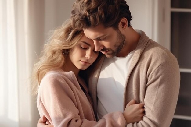 handsome man embracing woman calms in difficult moment