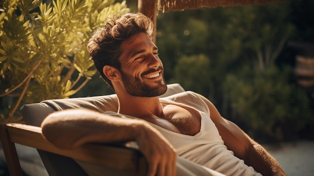 Photo handsome man enjoys carefree vacation relaxing outdoors