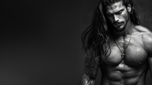 Photo a handsome man exudes artistic vibes with his long hair in a black and white portrait