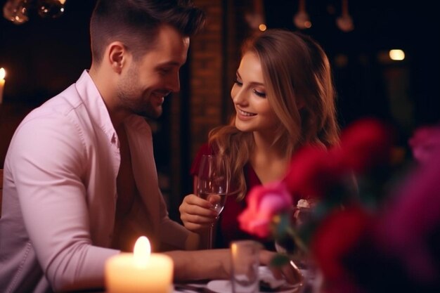  ⁇ 麗な男性が美しい女性のカップルにレストランでロマンチックな夕食をあげています