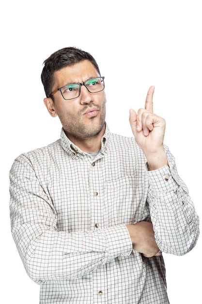 Photo handsome man in glasses and plaid shirt raised his head and pointed his finger up