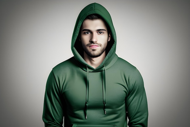 Handsome man in green hoodie isolated on gray background AI Generative