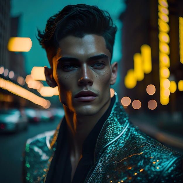 Handsome man in green jacket posing in the street