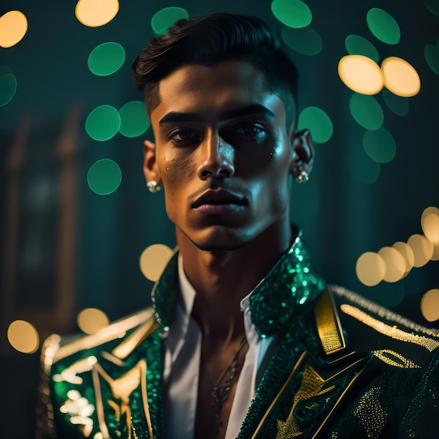 Handsome man in green jacket posing in the street