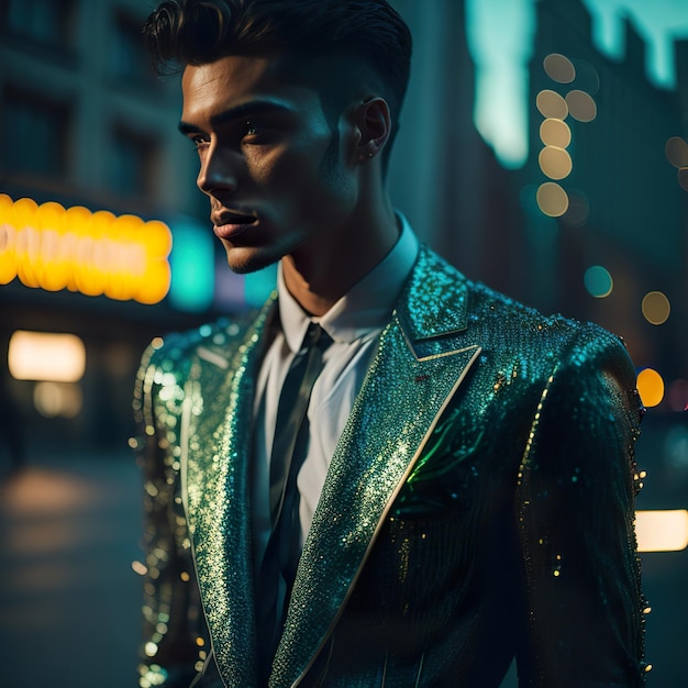 Handsome man in green jacket posing in the street