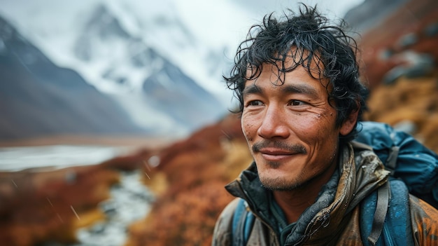 Photo handsome man hiker selfie on the mountain