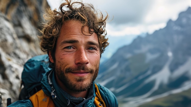 handsome man hiker selfie on the mountain