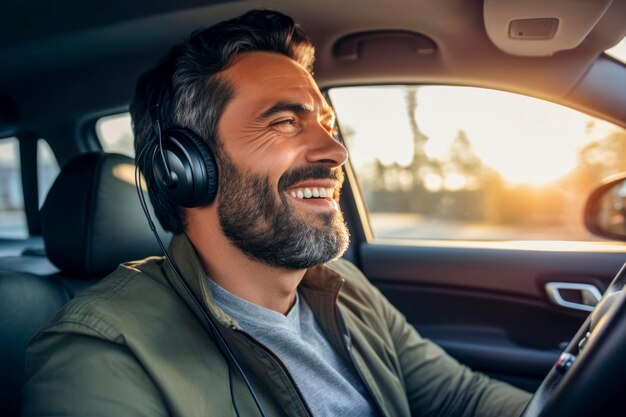 Photo handsome man in his 30s sitting in the driver's seat and smiling