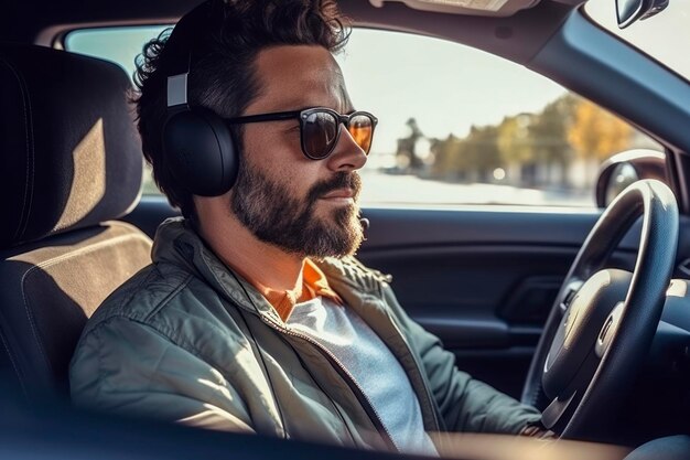 Photo handsome man in his 30s sitting in the driver's seat and smiling