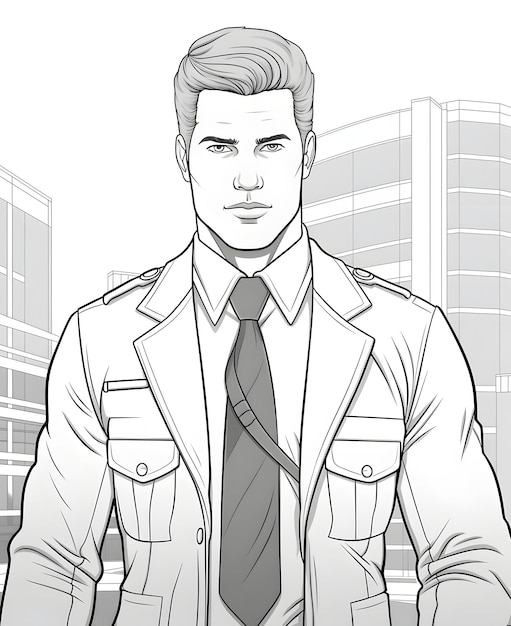 A Handsome man in his early 30's wearing security Guard Uniform coloring page for adults