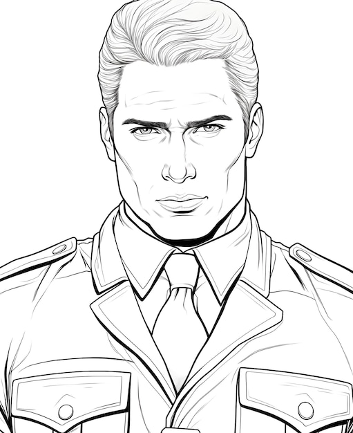 A Handsome man in his early 30's wearing security Guard Uniform coloring page for adults