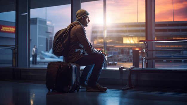 Foto uomo bello in vacanza per viaggiare sullo sfondo dell'aeroporto immagine di viaggiare in vacanza copiare spazio per il testo