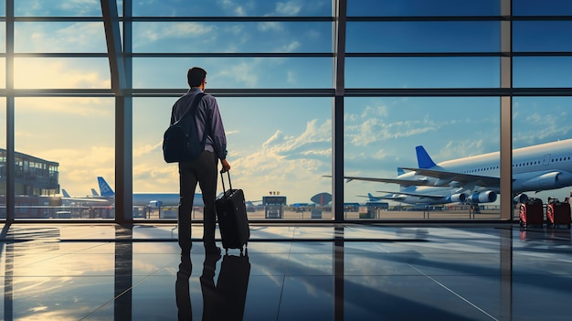 Foto uomo bello in vacanza per viaggiare sullo sfondo dell'aeroporto immagine di viaggiare in vacanza copiare spazio per il testo