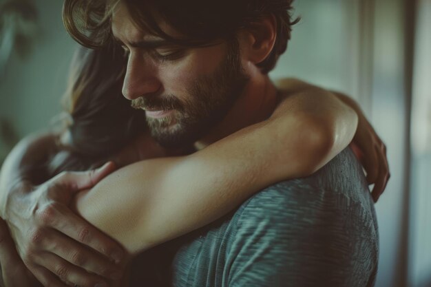 Photo handsome man hugging his wife who is crying because of depression generative ai