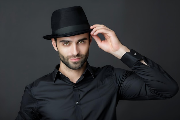 写真 帽子をかぶったハンサムな男性ファッションのシャツを着て濃い背景でポーズをとり高品質です