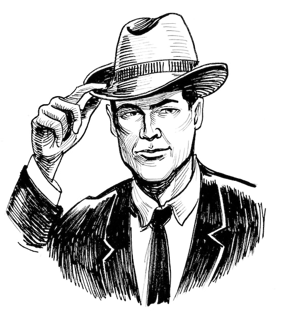 Фото Красивый мужчина в костюме и шляпе. чернила черно-белый рисунок