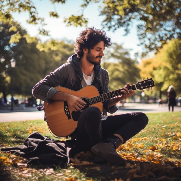 Handsome man is playing an acoustic guitar under a shady tree during the day