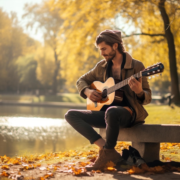 Handsome man is playing an acoustic guitar under a shady tree during the day