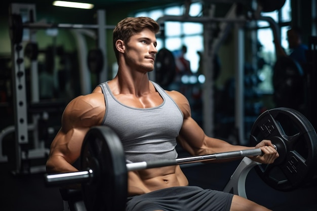 Handsome man is working out chest with barbell in a modern gym