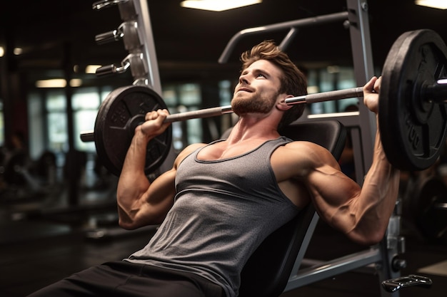 Handsome man is working out chest with barbell in a modern gym