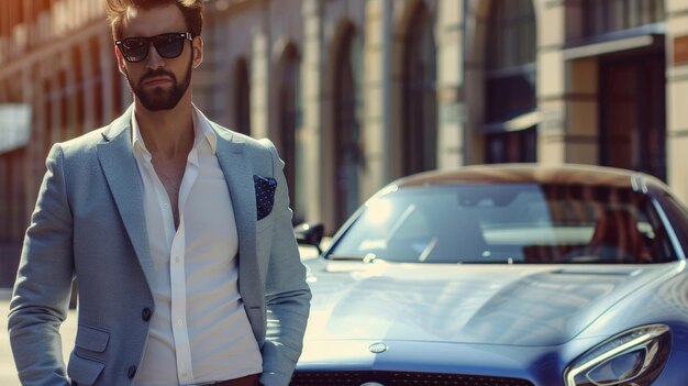 Photo handsome man near the car luxury life