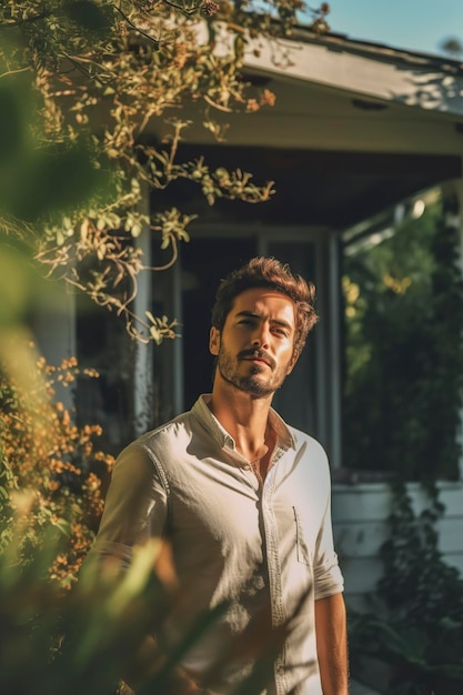 Photo handsome man on the porch of his house surrounded by nature