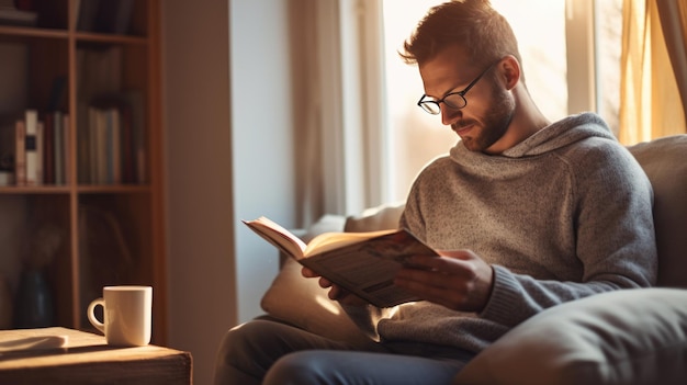 Photo handsome man reading a book at homecreated with generative ai technology