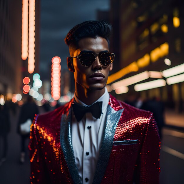 Photo handsome man in red jacket posing in the street