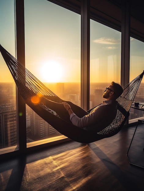 Handsome man relaxing in hammock Male person lying and relax Generative AI