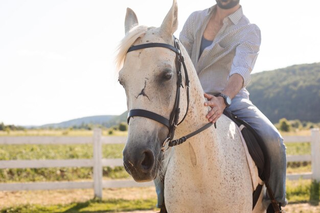 ハンサムな男は牧場で馬に乗る