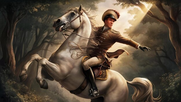 Handsome man riding a horse in forest