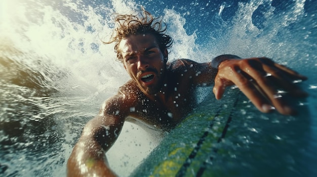 Handsome man riding on a surf board on the waves