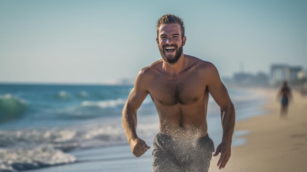 Foto uomo bello che corre sulla spiaggia