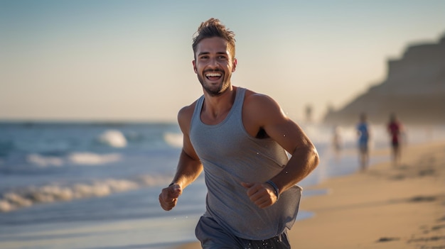 写真 浜辺で走っているハンサムな男