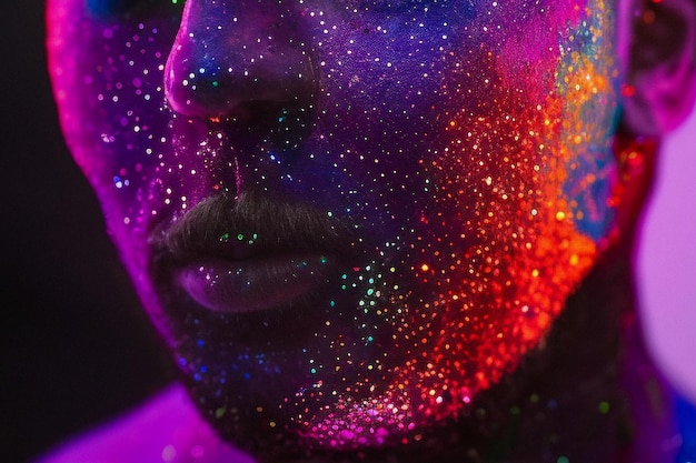 A handsome man\'s face with fluorescent painting on his\
face