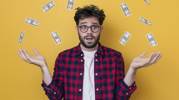 Photo handsome man scatters money and looks selfish