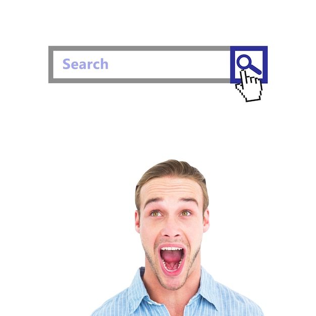 Photo handsome man screaming out loud against search engine