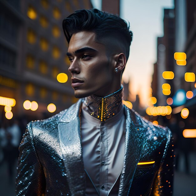 Handsome man in silver jacket posing in the street