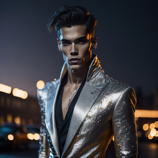 Photo handsome man in silver jacket posing in the street