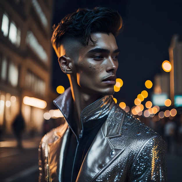 Handsome man in silver jacket posing in the street